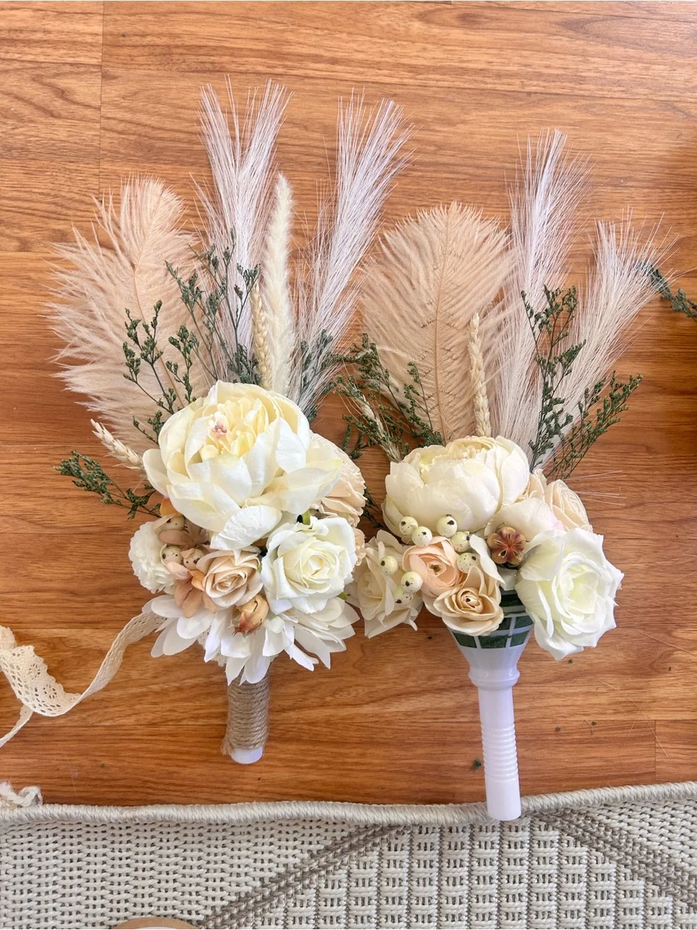 Handmade bride wedding bridal Bouquets white ivory boho neutral linen feathers